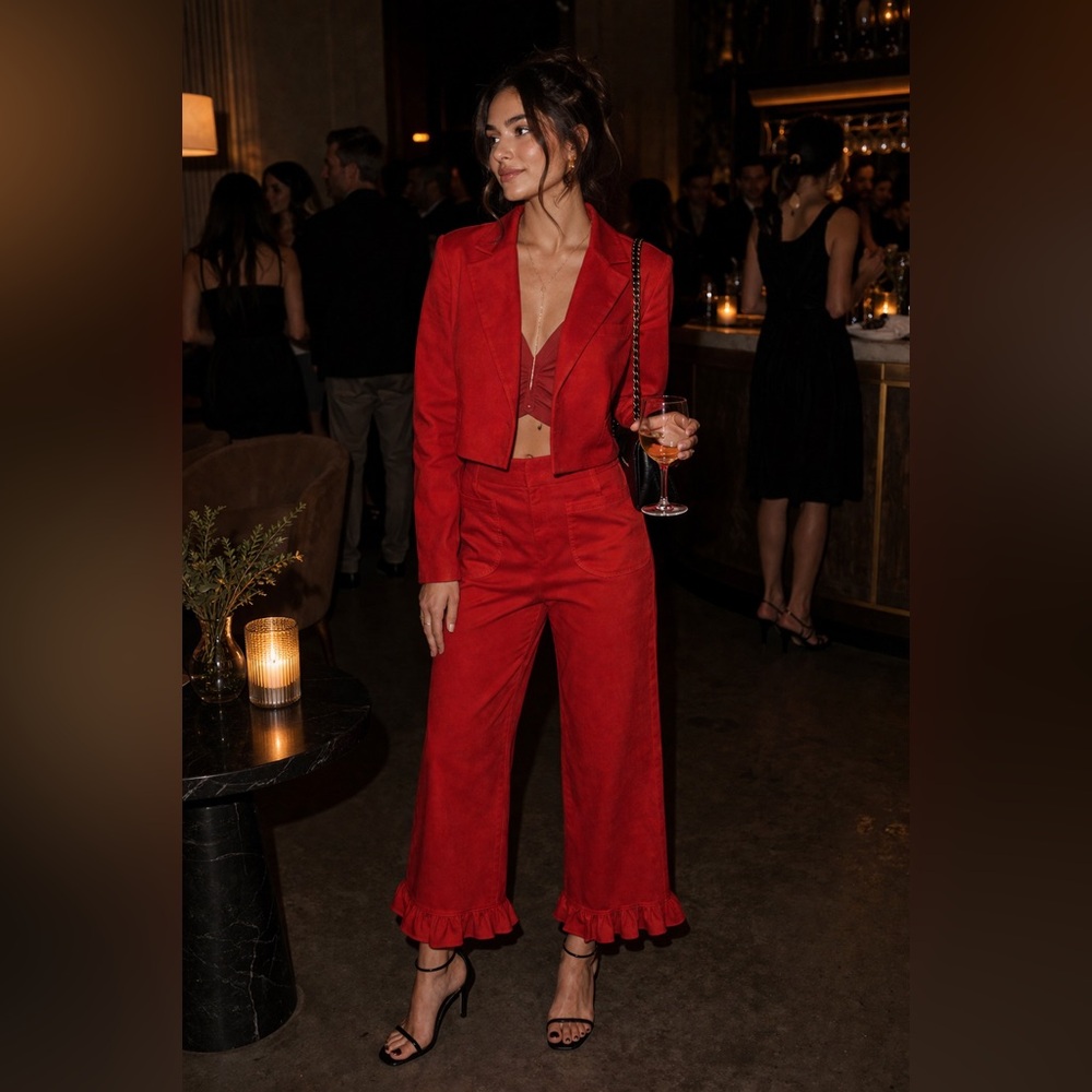 2 pieces Maeve cropped tuxedo blazer + The Colette crop velvet ruffle hem pants